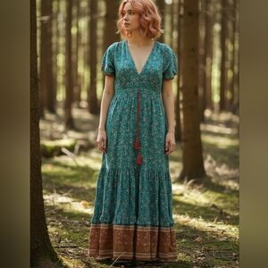 Vintage Boho R.Vivimos Maxi Dress Teal Pink Orange Floral Button Front Wrap Tie